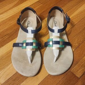 Clarks Gwin 8 Navy and Teal Strappy Sandals Coastal Nautical Preppy